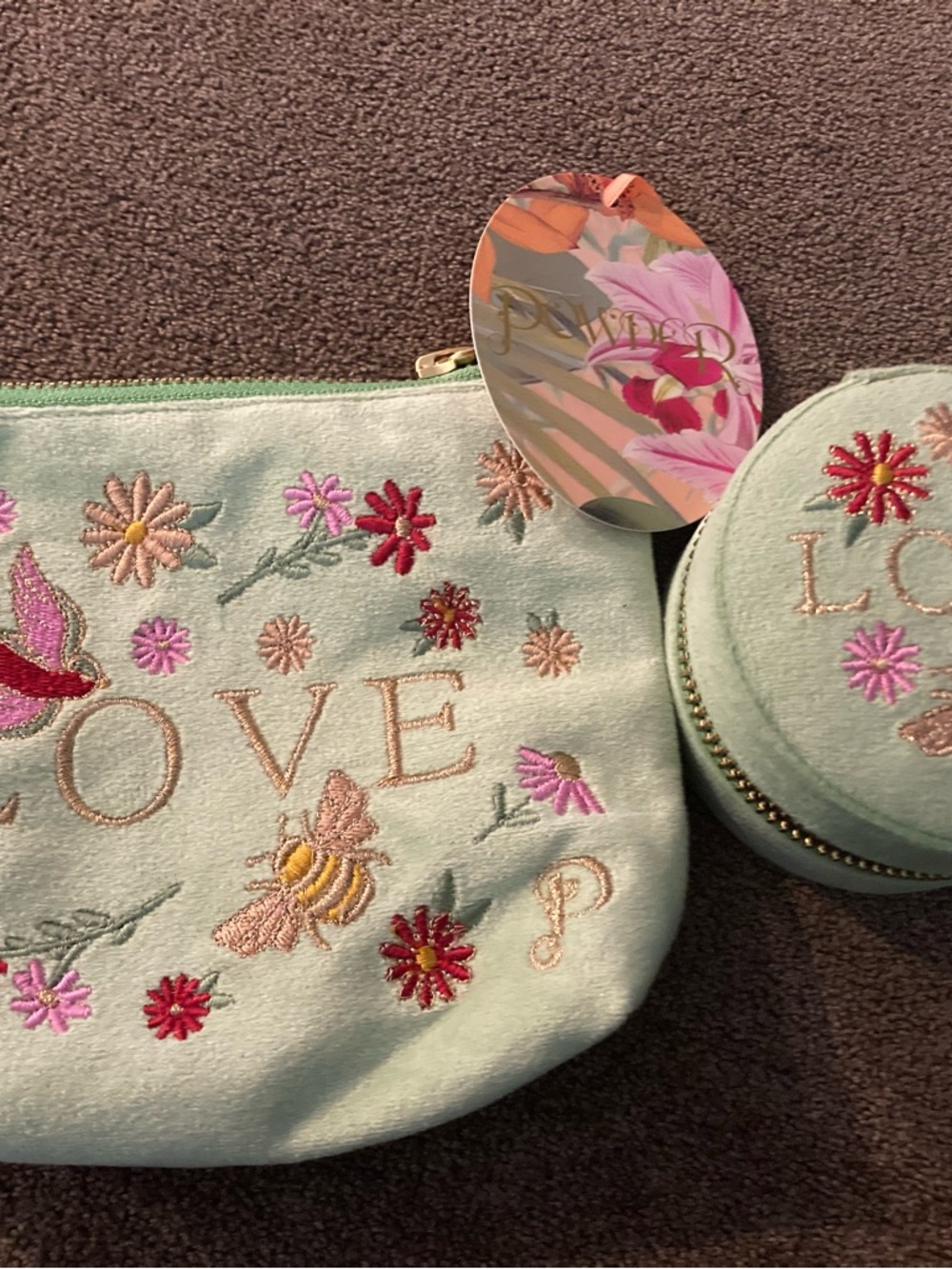 LOVE Embroidered Mint Green Accessories Pouch and Jewelry Case
